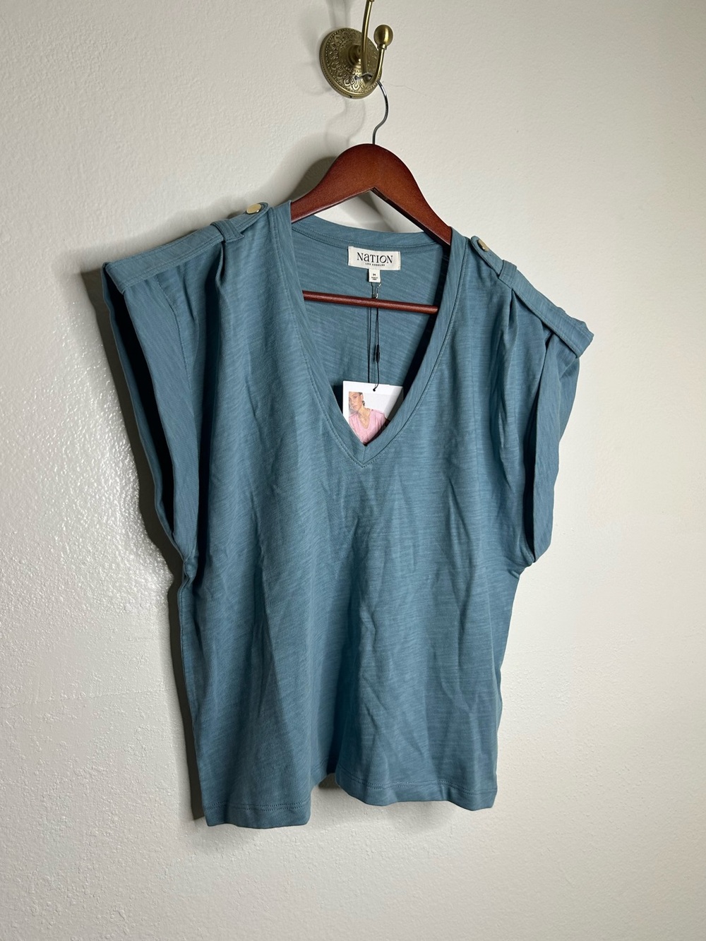 NWT Nation LA 100% Cotton Cooper V - Neck Tank in Smokey Blue Gold Button